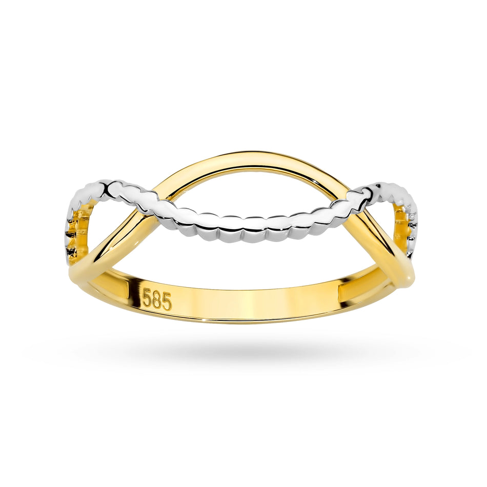 Dvojfarebný zlatý prsteň s pleteným vzorom