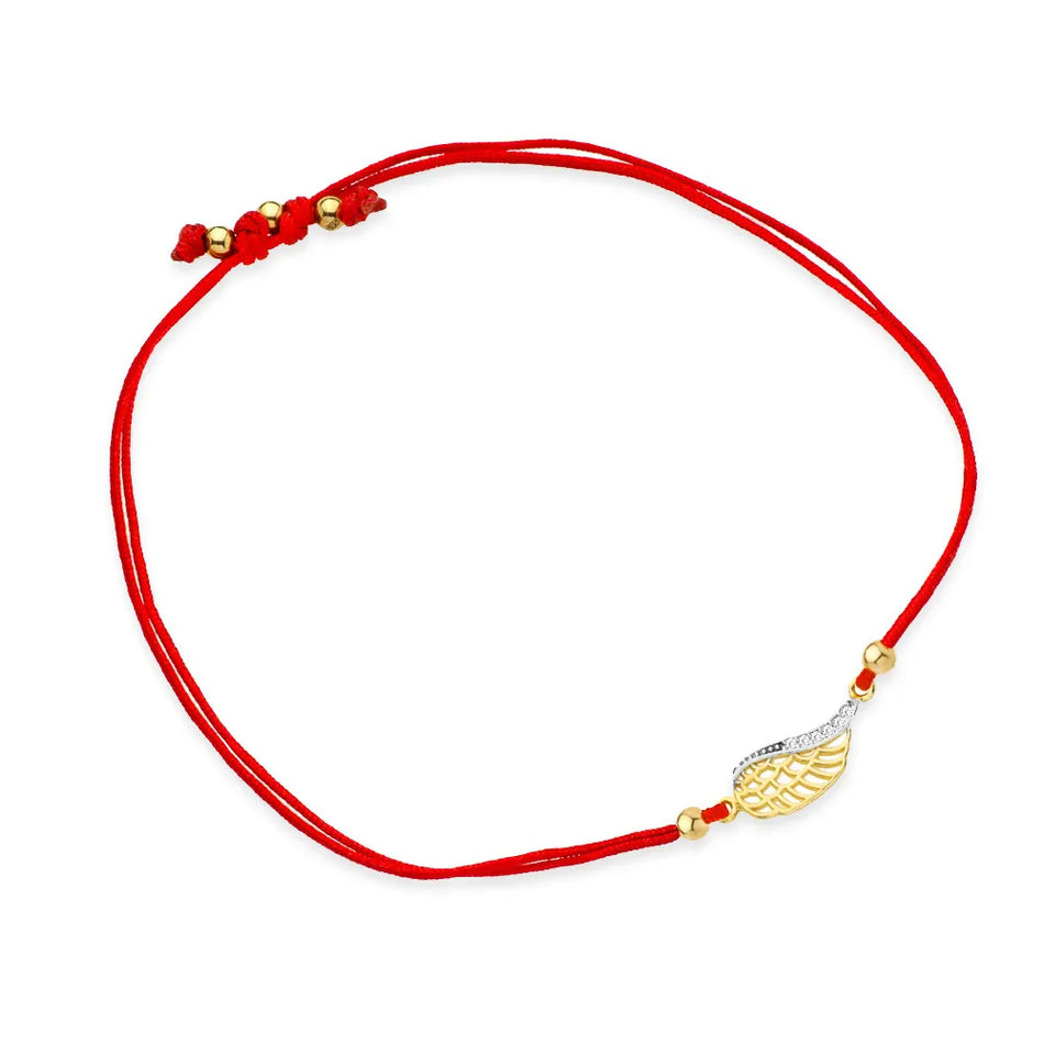Gold Bracelet with Red String Wing and Zirconia