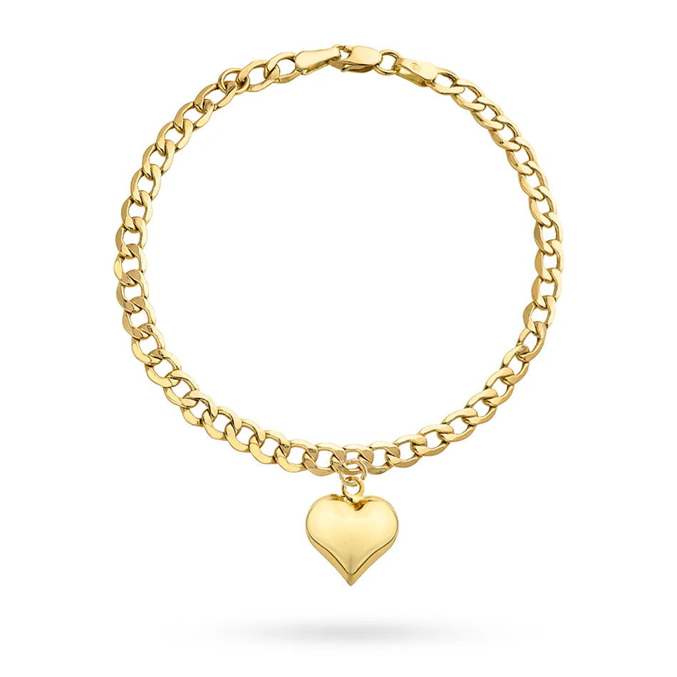 Zlatý náramok so širokým reťazcom curb a príveskom v tvare srdca