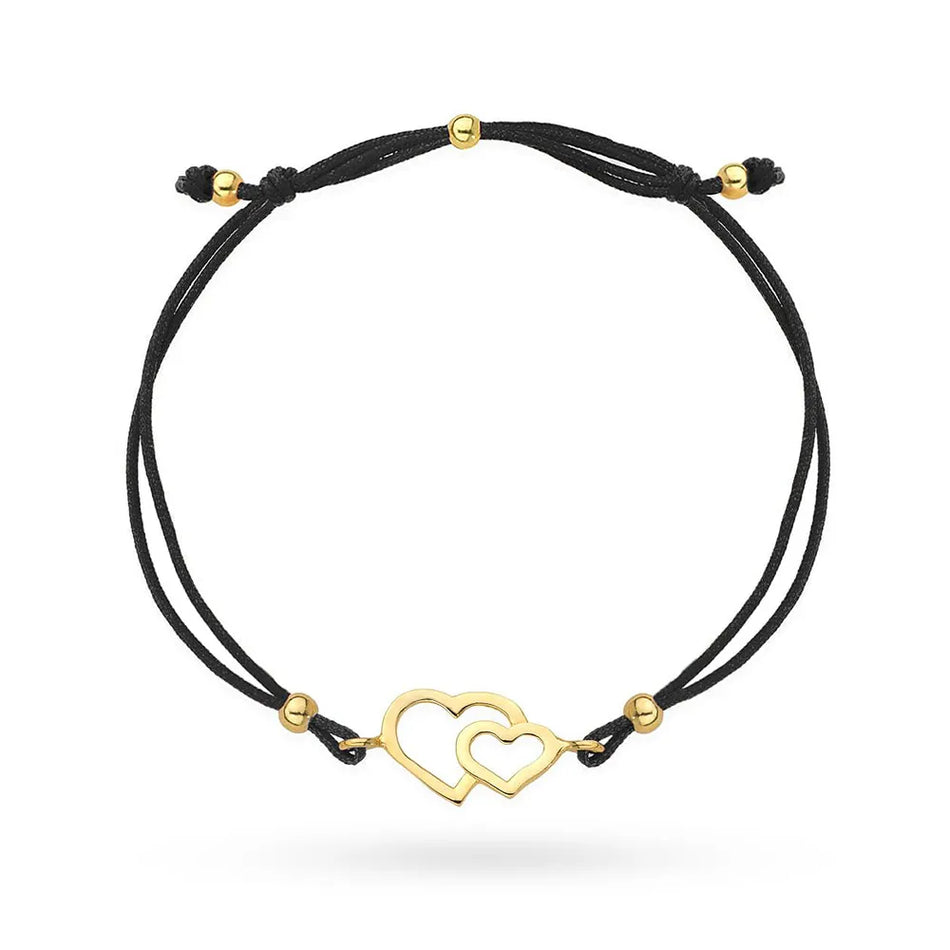 Gold Bracelet with Hearts on Black String and Beads