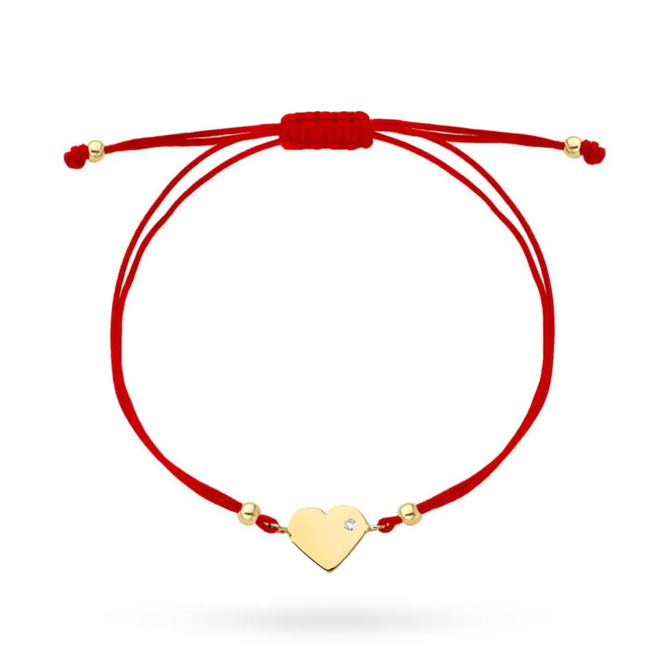 Gold Bracelet with Zirconia Heart on Red String and Beads