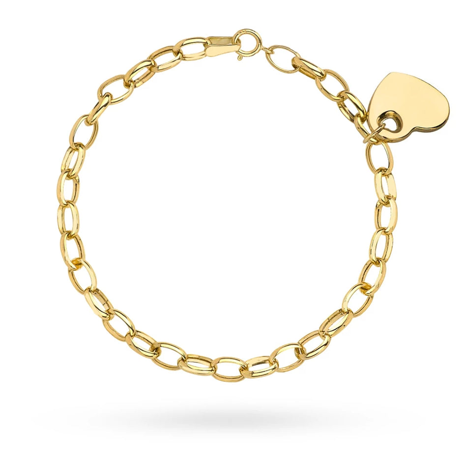 Zlatý masívny náramok so širokými článkami a vygravírovaným príveskom v tvare srdca