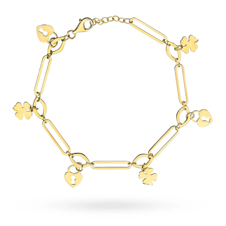 Zlatý náramok so širokými článkami a príveskami zámok a štvorlístok
