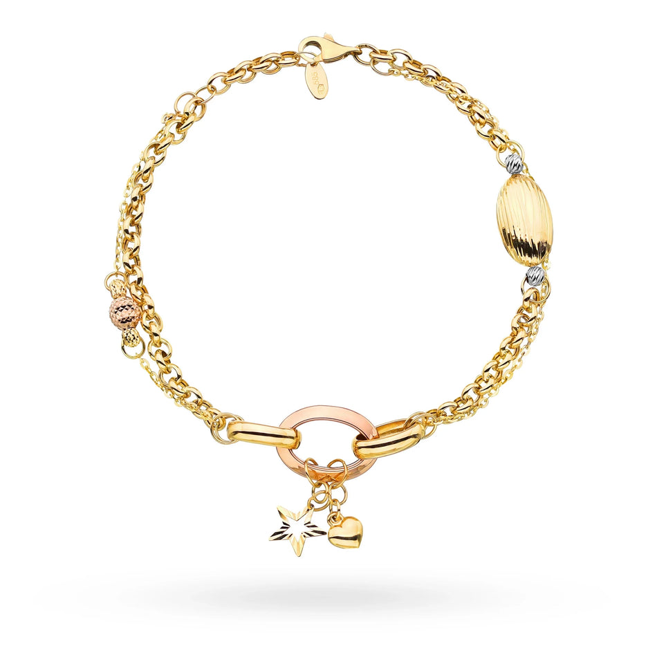 Zlatý trojfarebný náramok s dvojitým reťazcom a príveskami