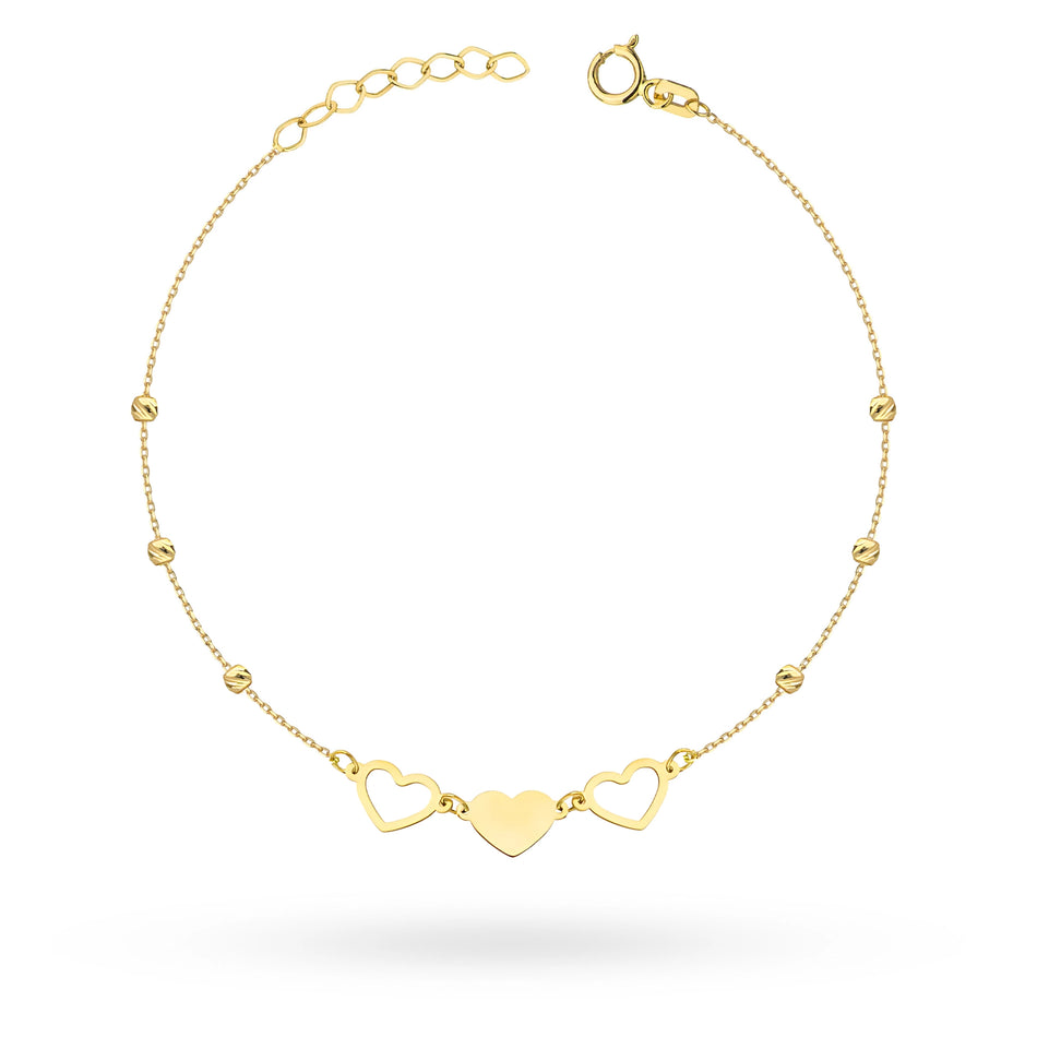 Zlatý náramok s tromi srdiečkami a diamantovo brúsenými korálkami