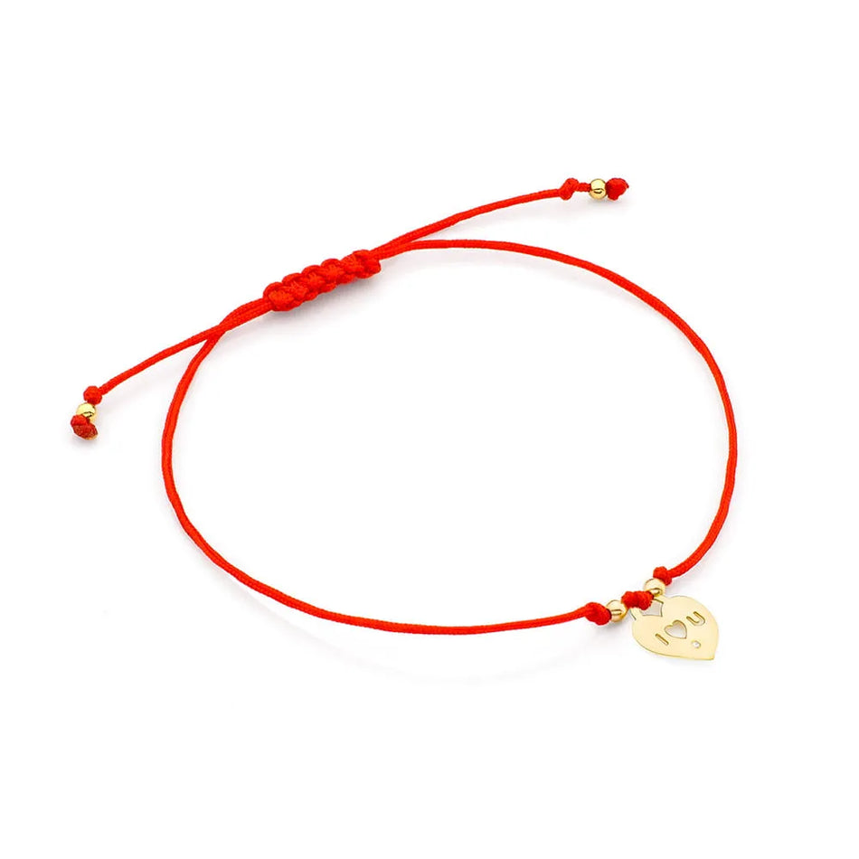 Gold Bracelet with Diamond Heart "I Love You" Red Cord