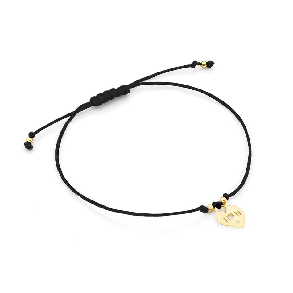 Gold Bracelet with Diamond Heart "I Love You" Black Cord