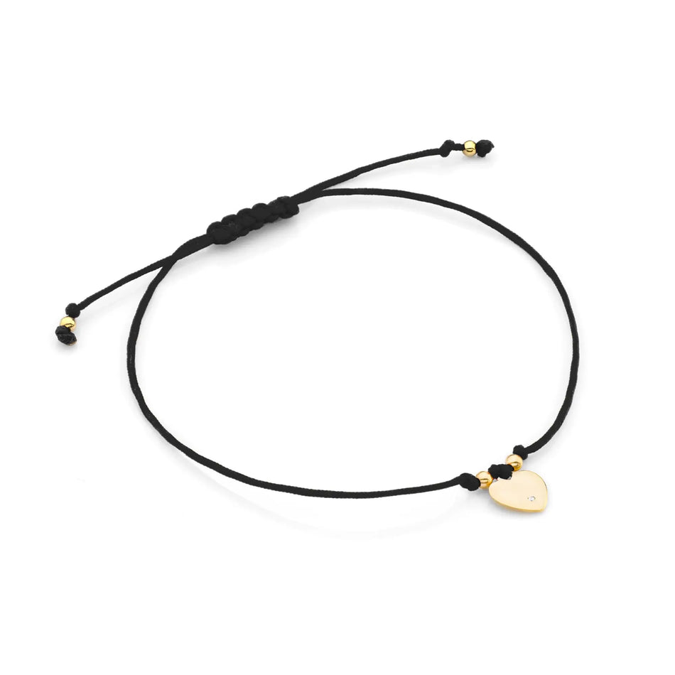 Gold Bracelet with Diamond Heart Black Cord