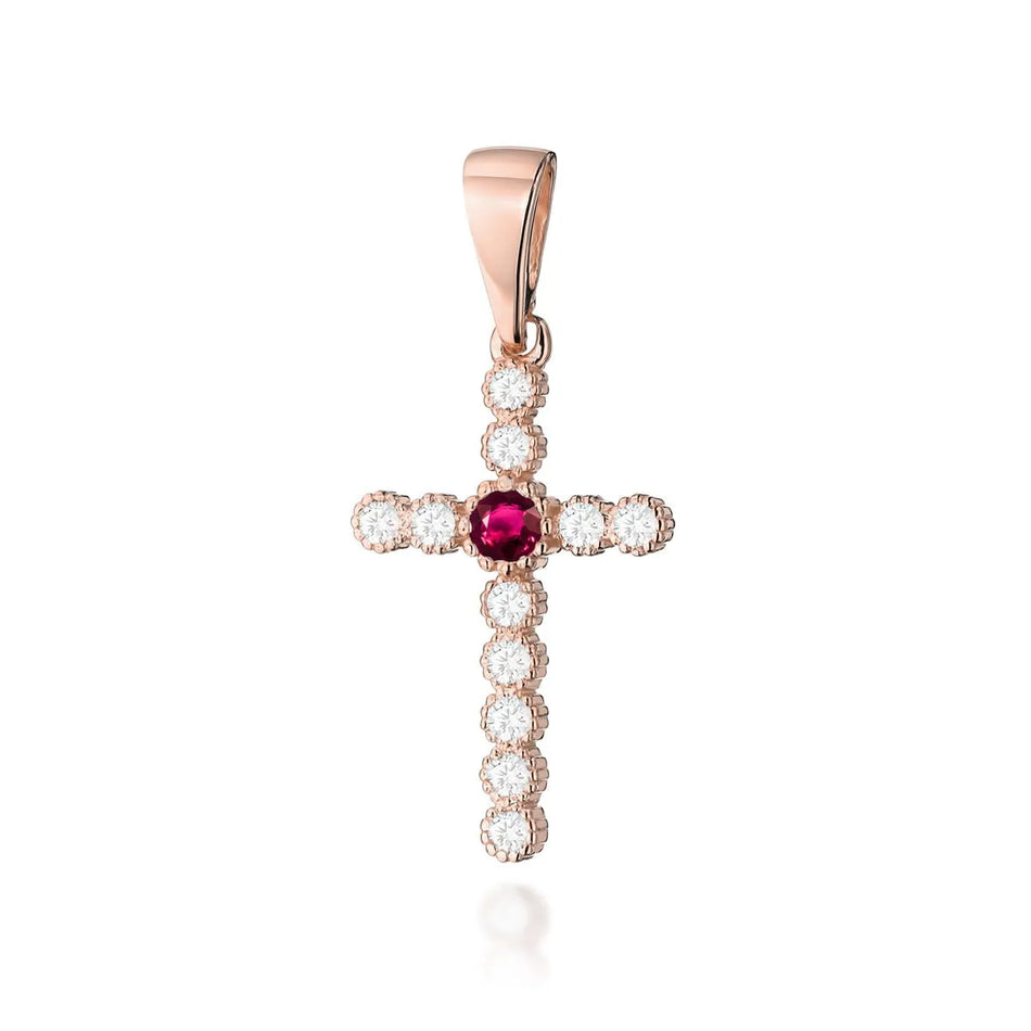 Gold Cross Pendant with Ruby and Diamonds