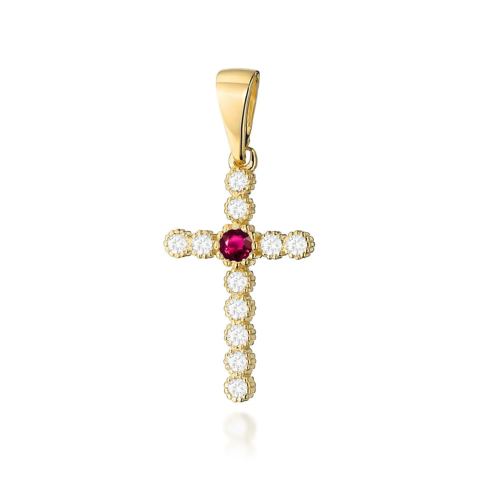 Gold Cross Pendant with Ruby and Diamonds
