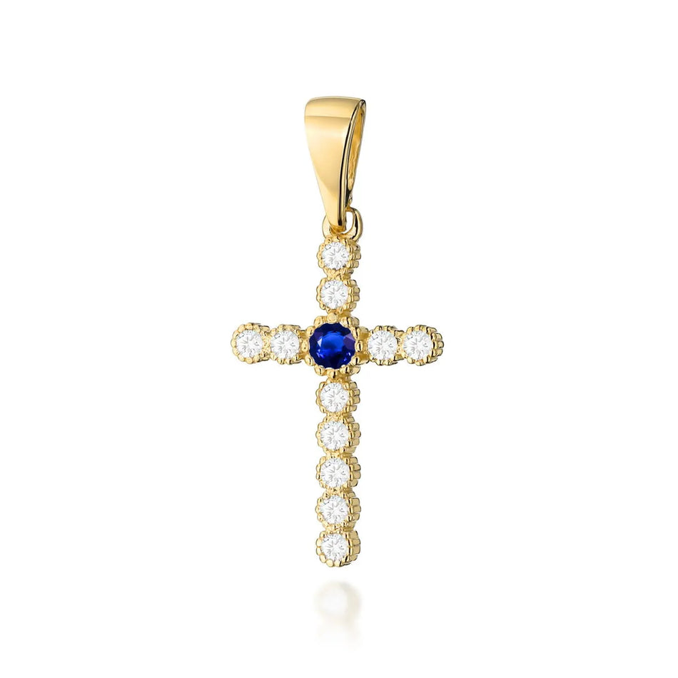 Gold Cross Pendant with Sapphire and Diamonds
