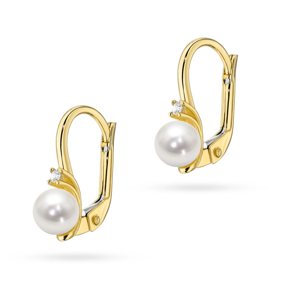 Gold Earrings with Cultured Pearl and Zirconia