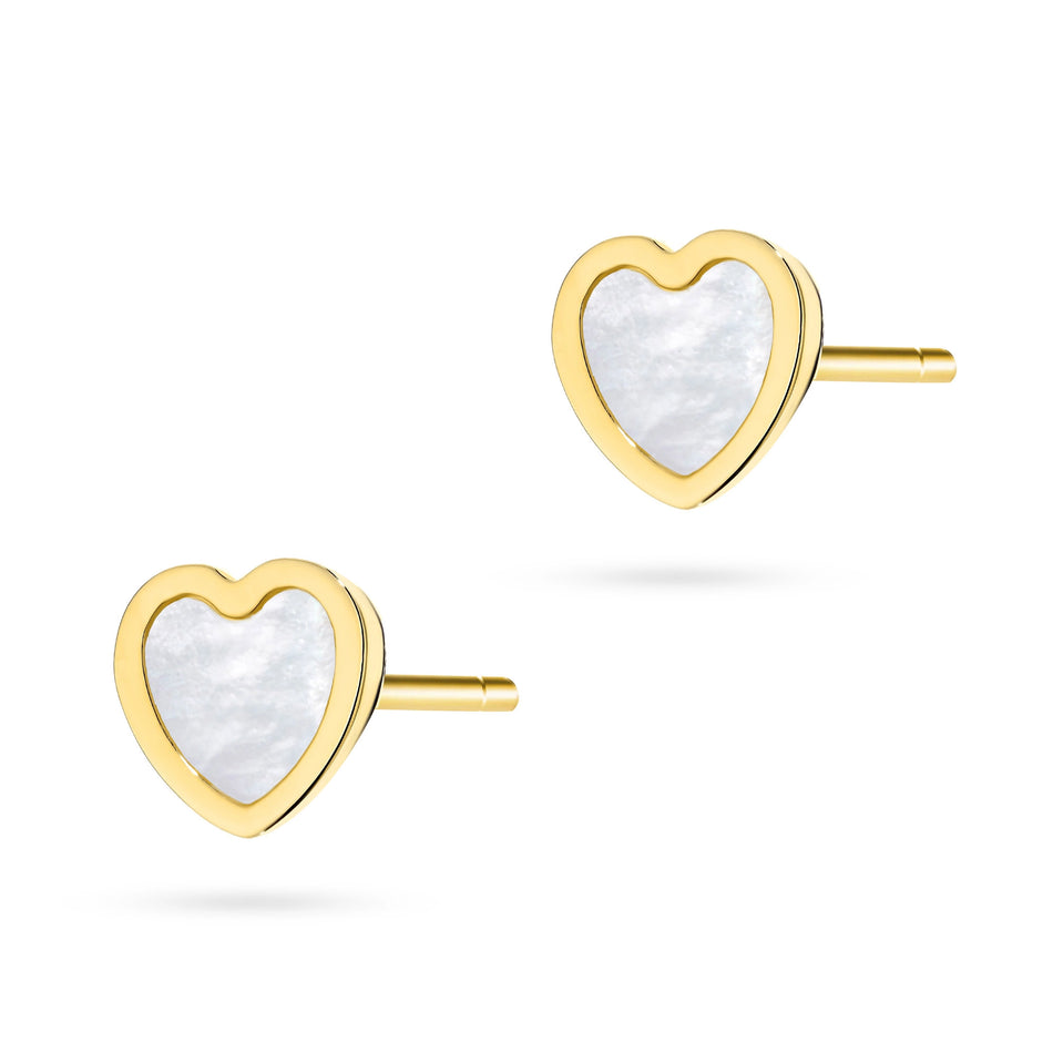 Gold Stud Earrings with Mother of Pearl Hearts