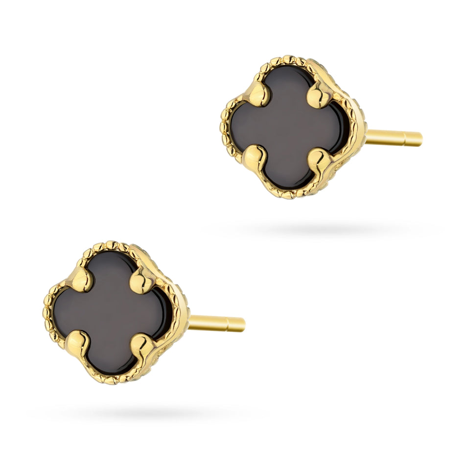 Black lucky clover stud gold earrings