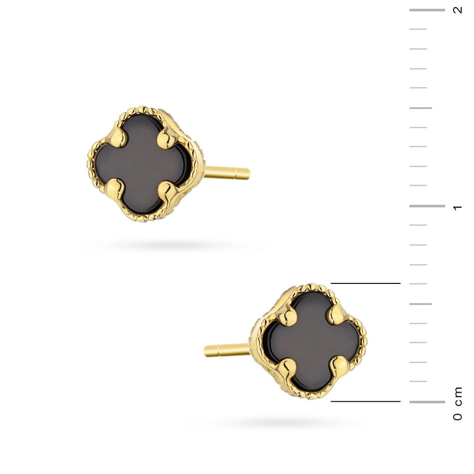 Black lucky clover stud gold earrings