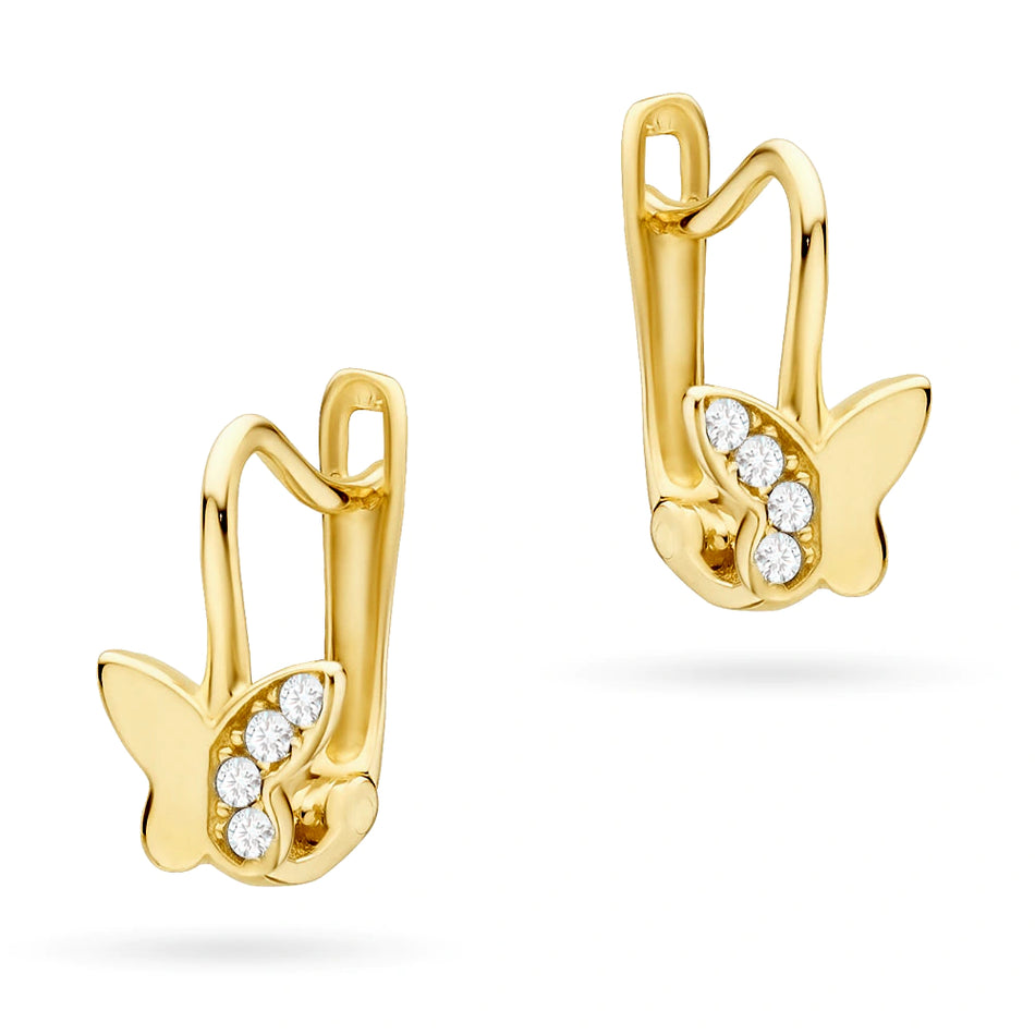 Children's Gold English Clasp Earrings with Zirconia Butterfly