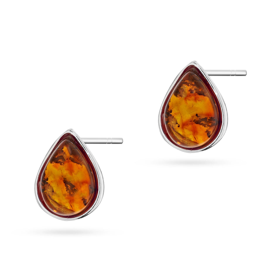 Silver Stud Earrings with Natural Amber Drops