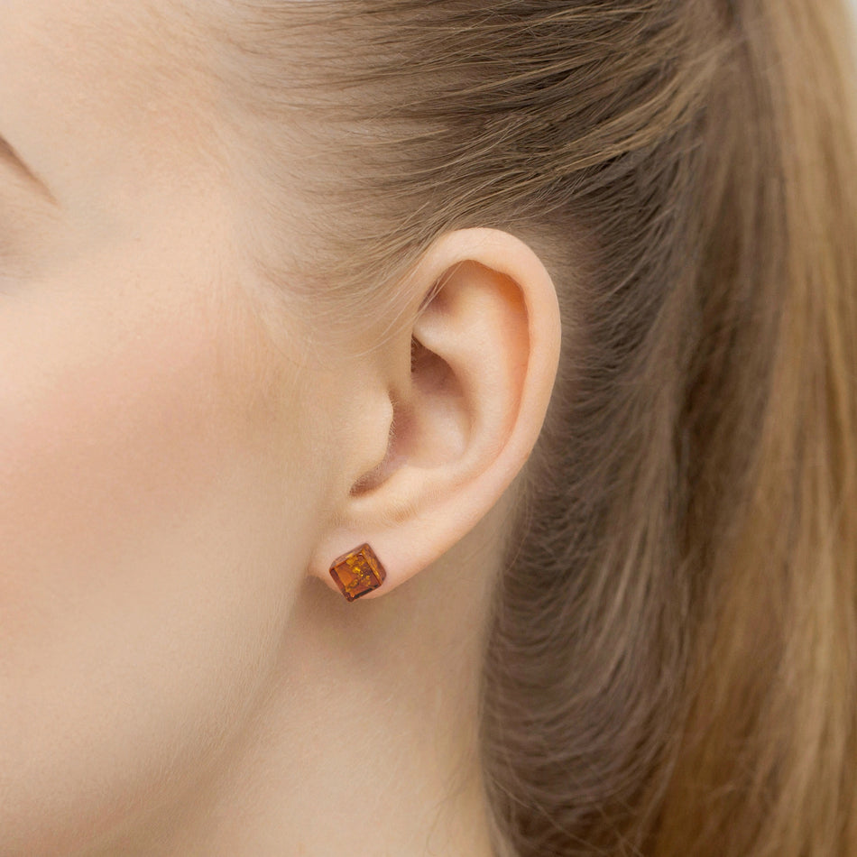Silver Stud Earrings with Natural Amber Geometric