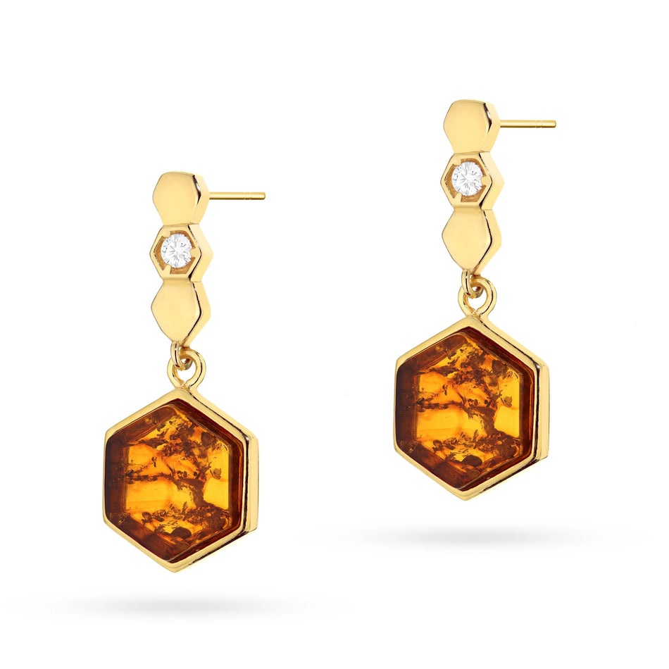 Gold-plated Silver Stud Earrings with Natural Amber Geometric