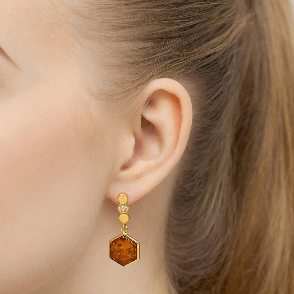 Gold-plated Silver Stud Earrings with Natural Amber Geometric
