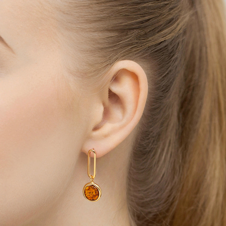 Gold-plated Silver Stud Earrings with Natural Amber