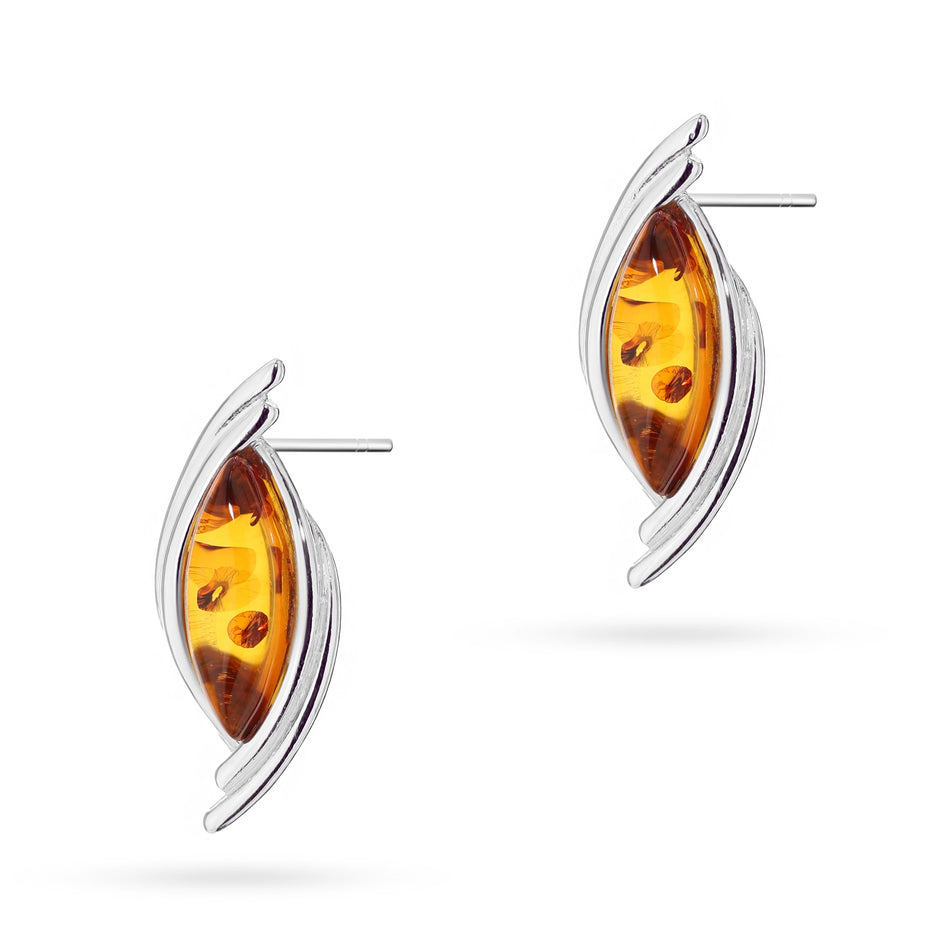 Silver Stud Earrings with Natural Amber Drops