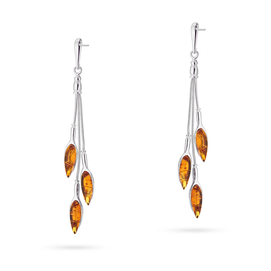 Silver Stud Earrings with Natural Amber Drops