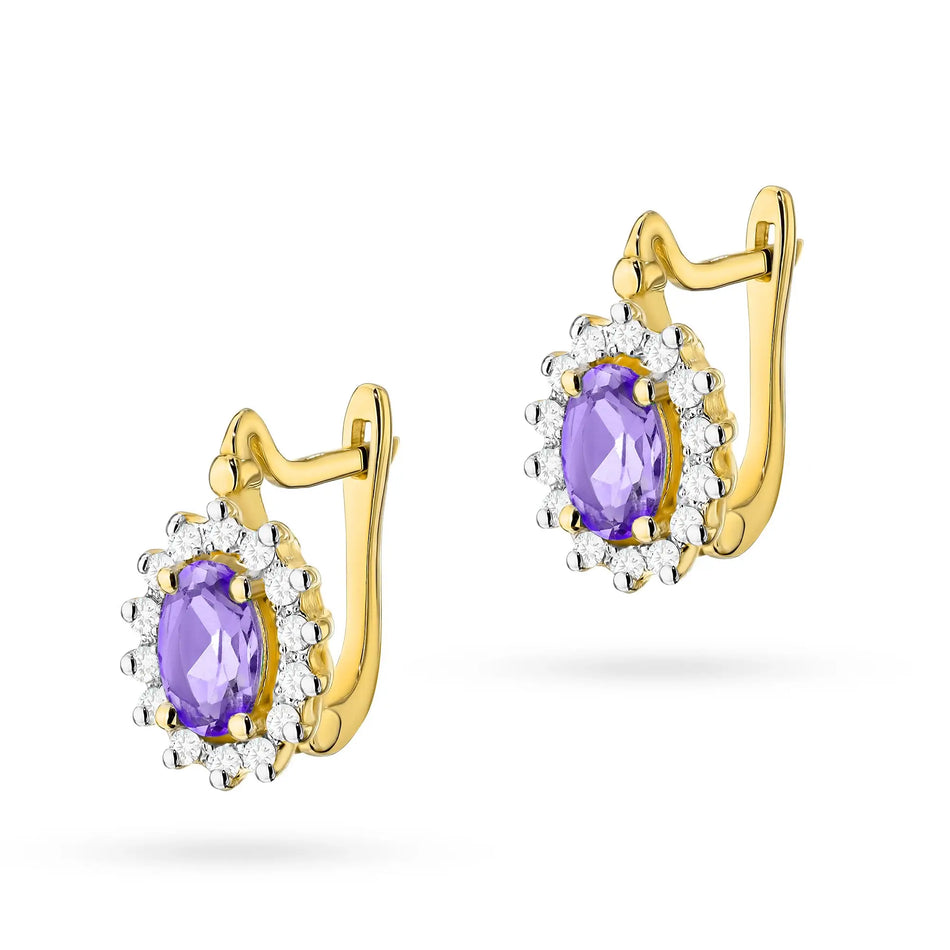 Gold earrings with diamonds and amethysts marquise with English clasp
