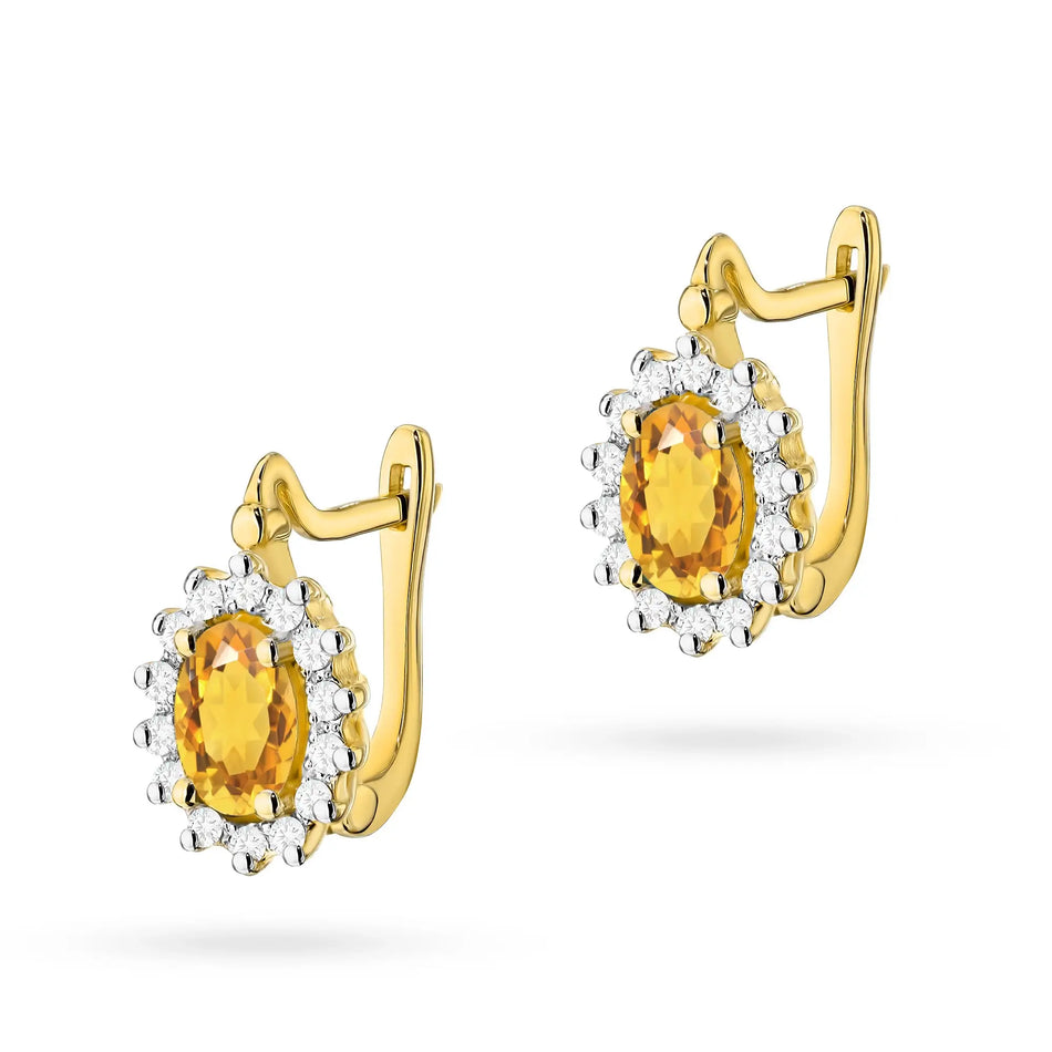 Gold earrings with diamonds and citrines marquise with English clasp