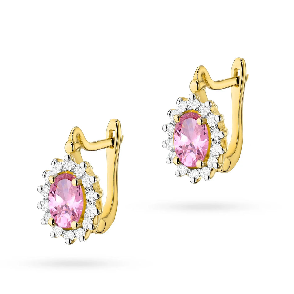 Gold earrings with diamonds and pink topazes marquise with English clasp