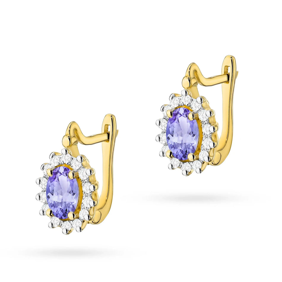 Gold earrings with diamonds and tanzanites marquise with English clasp