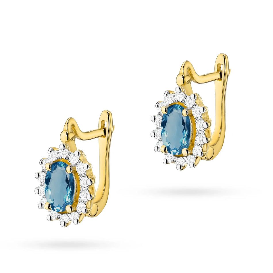 Gold earrings with diamonds and London Blue topazes marquise with English clasp