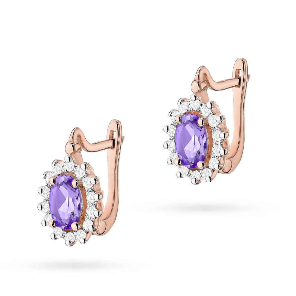 Gold earrings with diamonds and amethysts marquise with English clasp