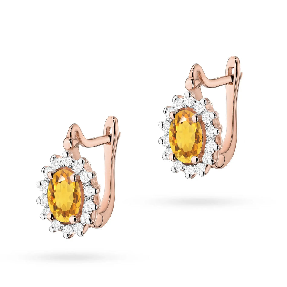 Gold earrings with diamonds and citrines marquise with English clasp