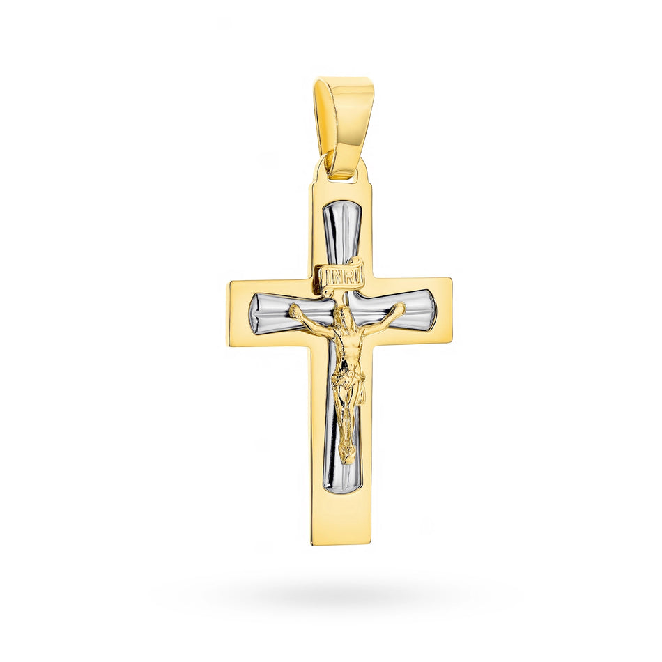 Two-color Gold Cross Pendant with Jesus Christ