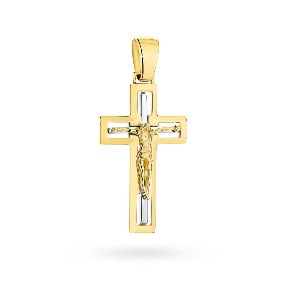 Two-color Gold Cross Pendant with Jesus Christ