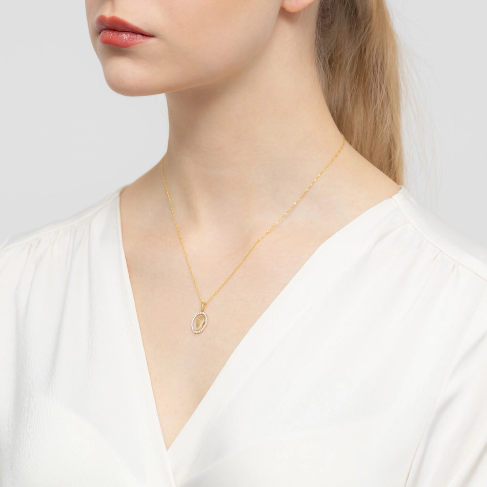 Gold Virgin Mary Medallion Pendant with Zirconia