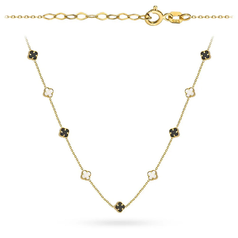 Gold Necklace with Black And White Clovers