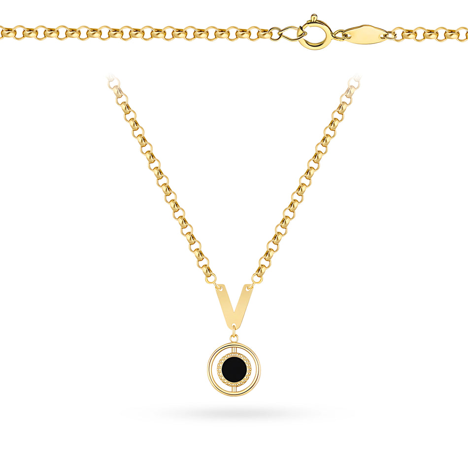 Gold Necklace Letter V with Black Onyx