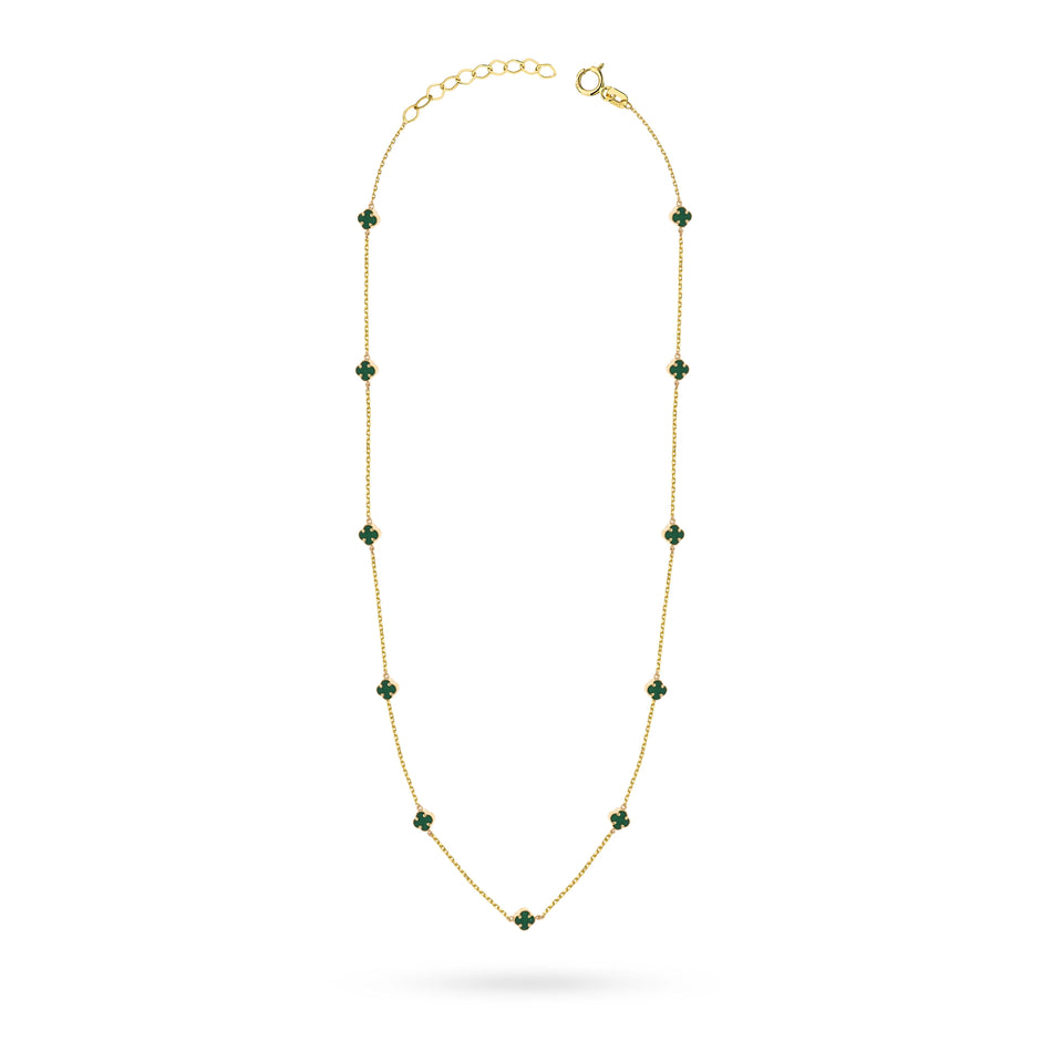Zlatý náhrdelník so zelenými šťastnými ďatelinami