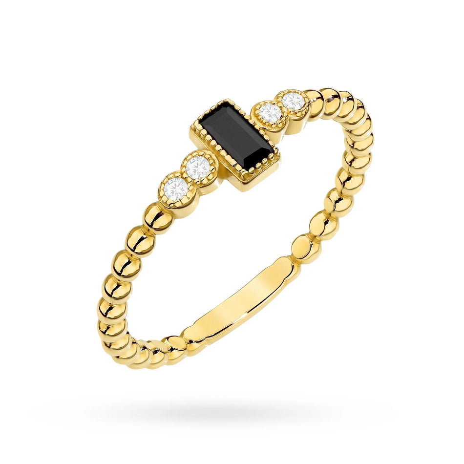 Prsteň zo zlatých korálok so zirkónom a čiernym kameňom