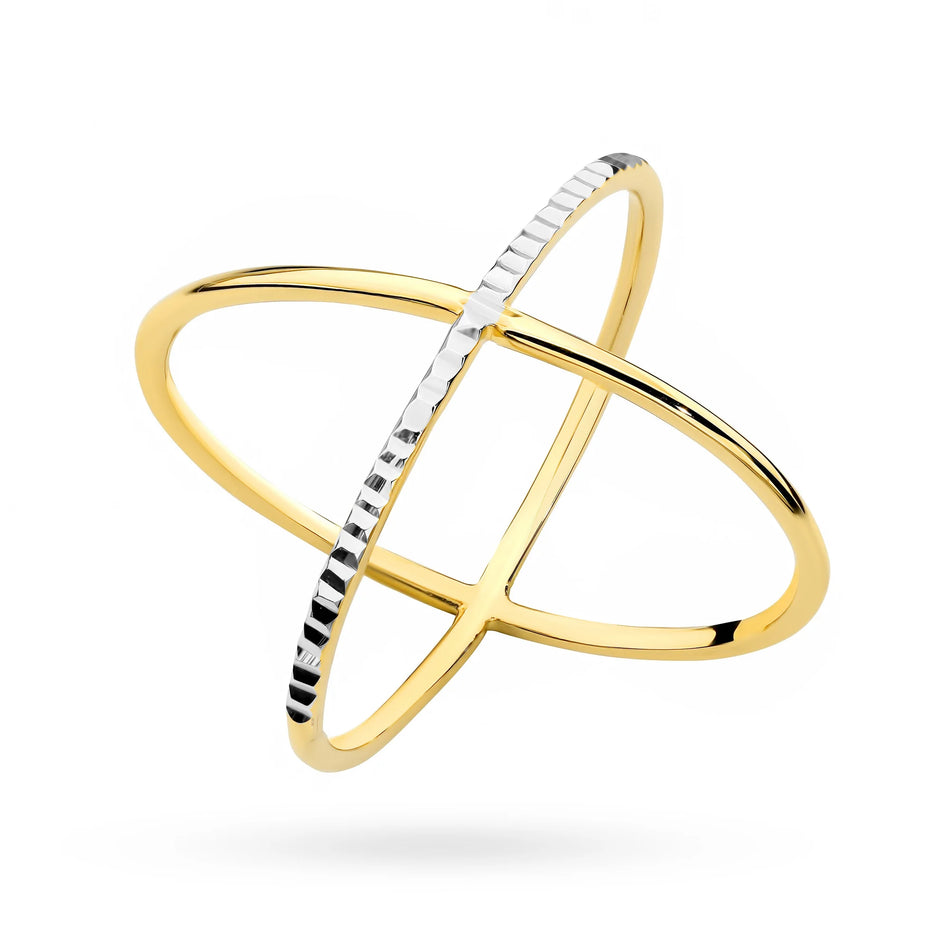 Dvojfarebný prekrížený zlatý prsteň s diamantovým brúsením