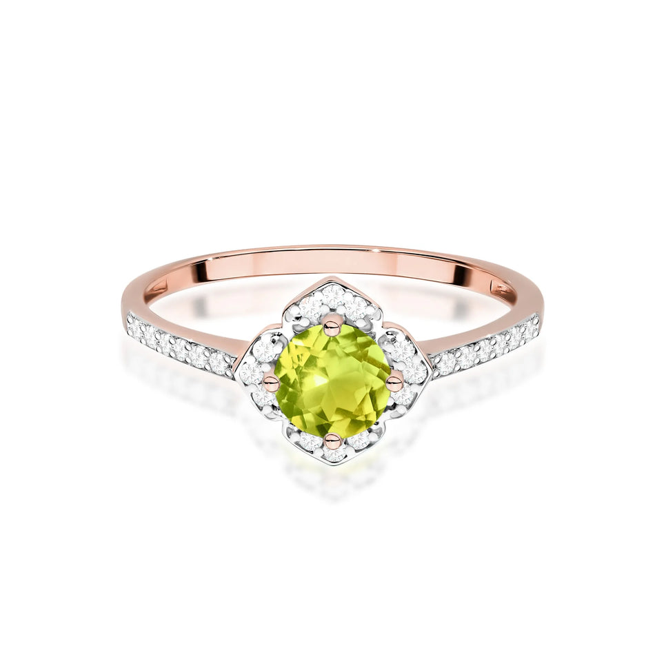 Gold Ring Flower with 0.60ct Olivine and Diamonds