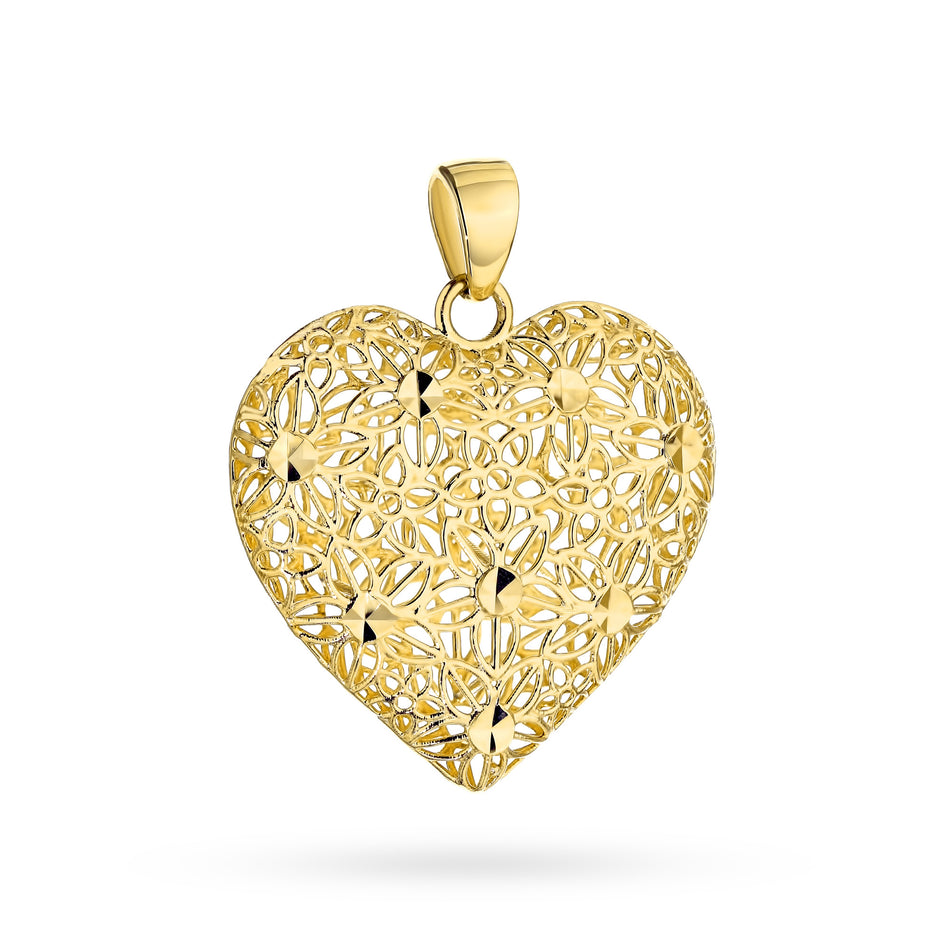 Gold Pendant with Openwork Heart and Flowers