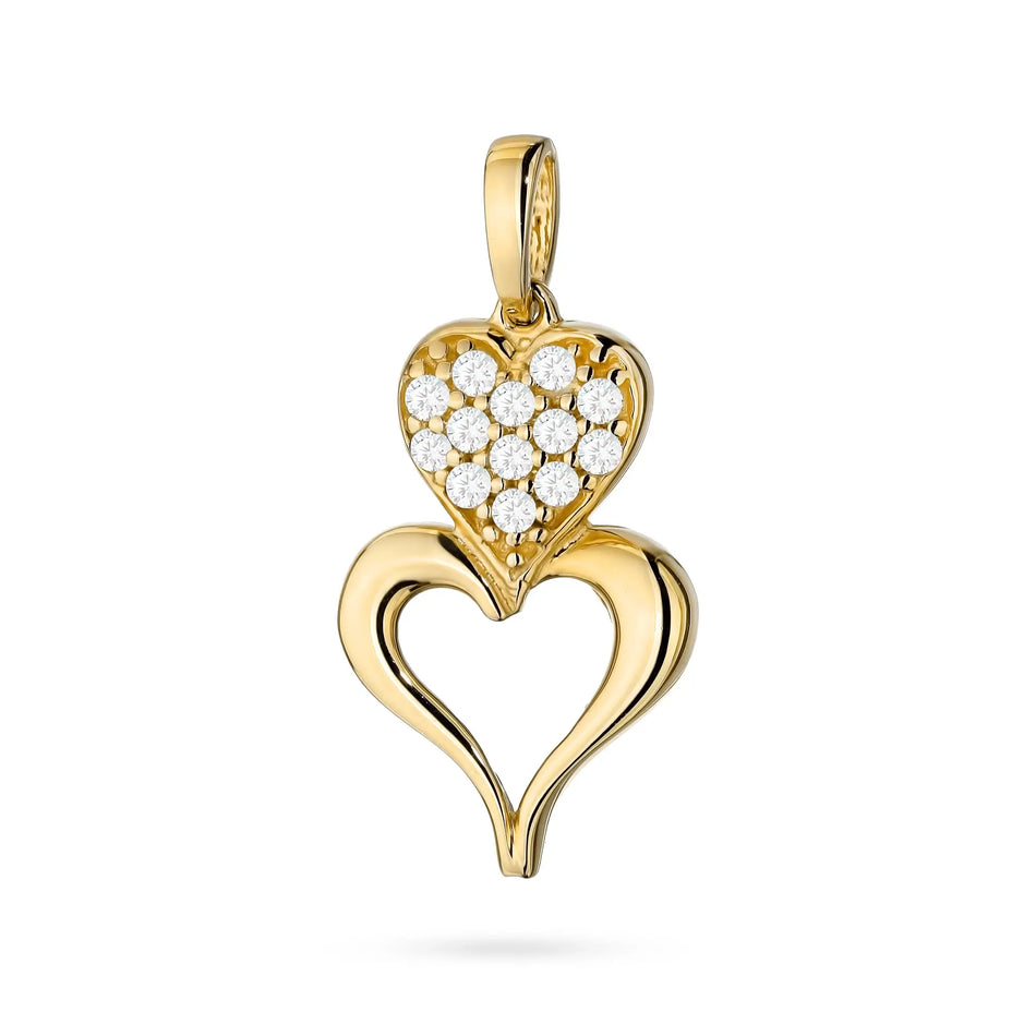 Gold Pendant with Zirconia Two Joined Hearts