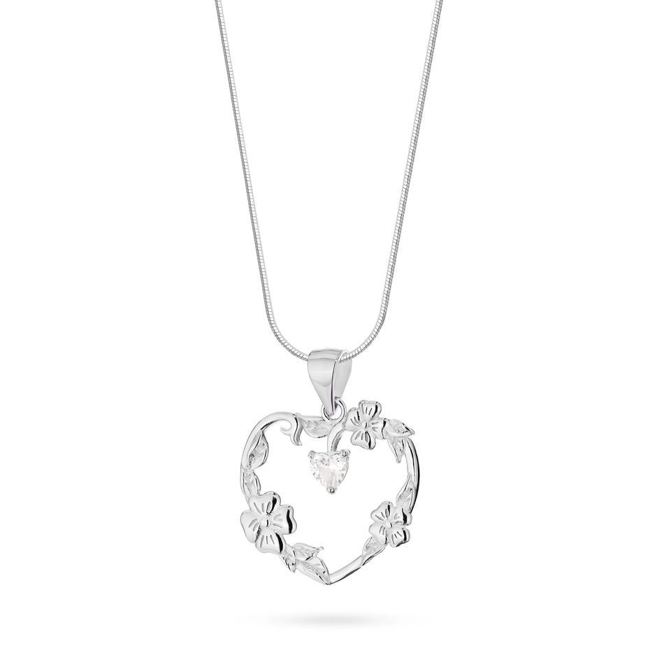 Strieborný náhrdelník s pleteným kvetinovým príveskom v tvare srdca a kubickou zirkóniou
