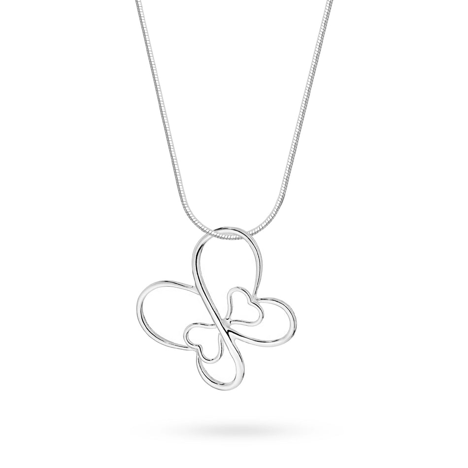 Strieborný náhrdelník s priehľadným príveskom motýľa a srdca