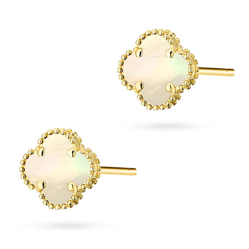 Gold Stud Earrings Mother of Pearl Lucky Clovers