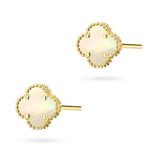 Gold Stud Earrings Mother of Pearl Lucky Clovers